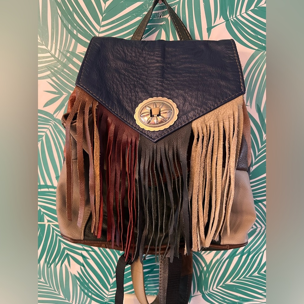 Western Leather Patchwork Backpack Fringe Detail … - image 3